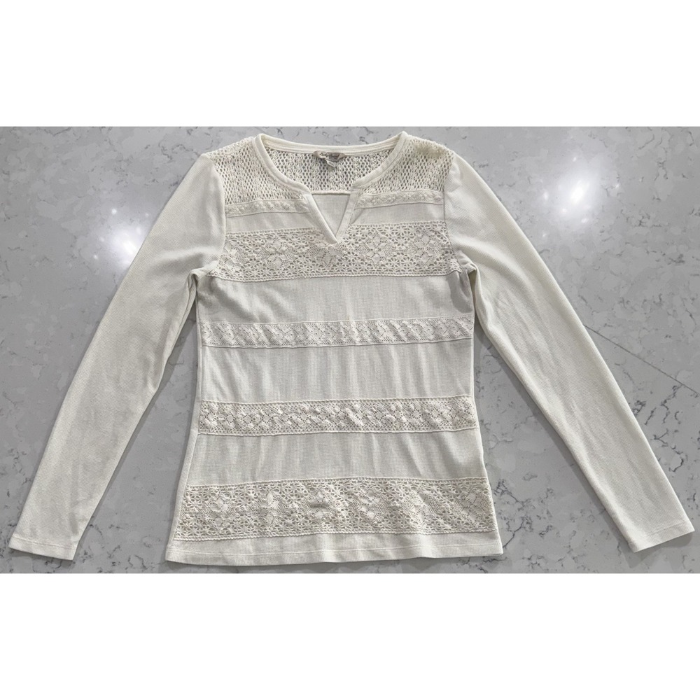 Lucky Brand Waffle Thermal Knit Top Womens Large Ivory Boho Lace Long Sleeve